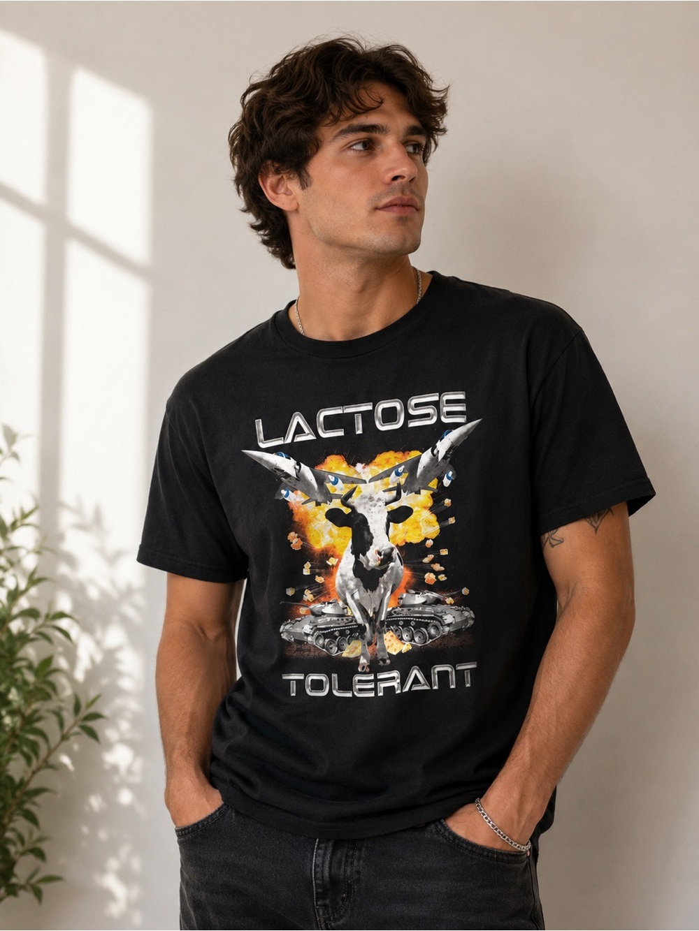 Lactose Tolerance Black Graphic Tee with Orange Accent